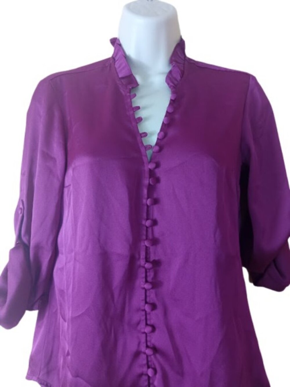 Express Womens Slim Fit Ruffle Collar Portofino Shirt Fuchsia Tab Sleeves XS New